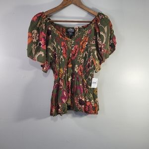 Angie Floral Puff Sleeve Smocked Top - Green and Pink